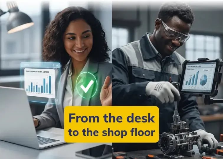 A split-screen image showing two different work environments. On the left, a woman in a grey blazer smiles while working at a laptop with a digital data overlay. On the right, a man in a workshop wearing safety glasses and grey workwear uses a tablet while working on mechanical equipment. A yellow text box across the bottom reads: 