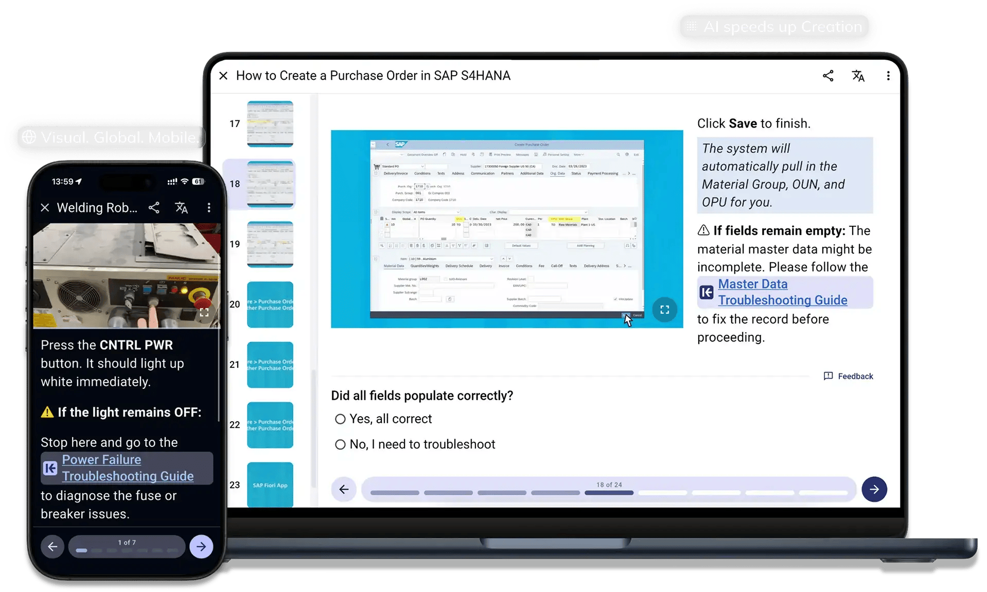 A split-screen demonstration of the Knowby platform showing digital work instructions on a smartphone and a desktop tablet. The mobile view shows a physical machinery maintenance step, while the desktop view shows a guided SAP S4HANA software tutorial with interactive troubleshooting steps