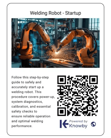 An instruction card featuring a welding robot and a scannable QR code for instant mobile guide access
