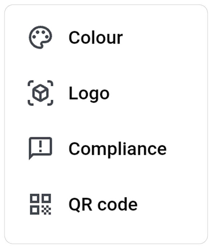 Menu list showing customization options for colors, logos, compliance settings, and branded QR codes.