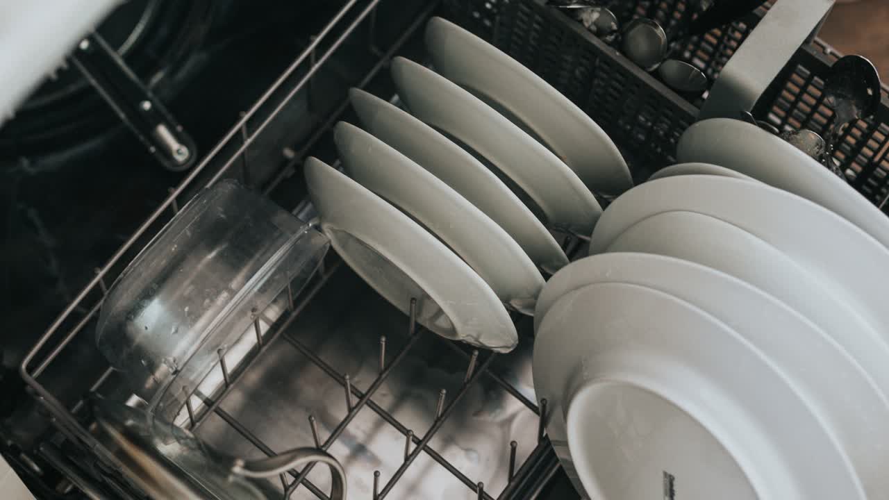 a consumer's loaded dishwasher with several plates arranged in the lower rack and a few bowls
