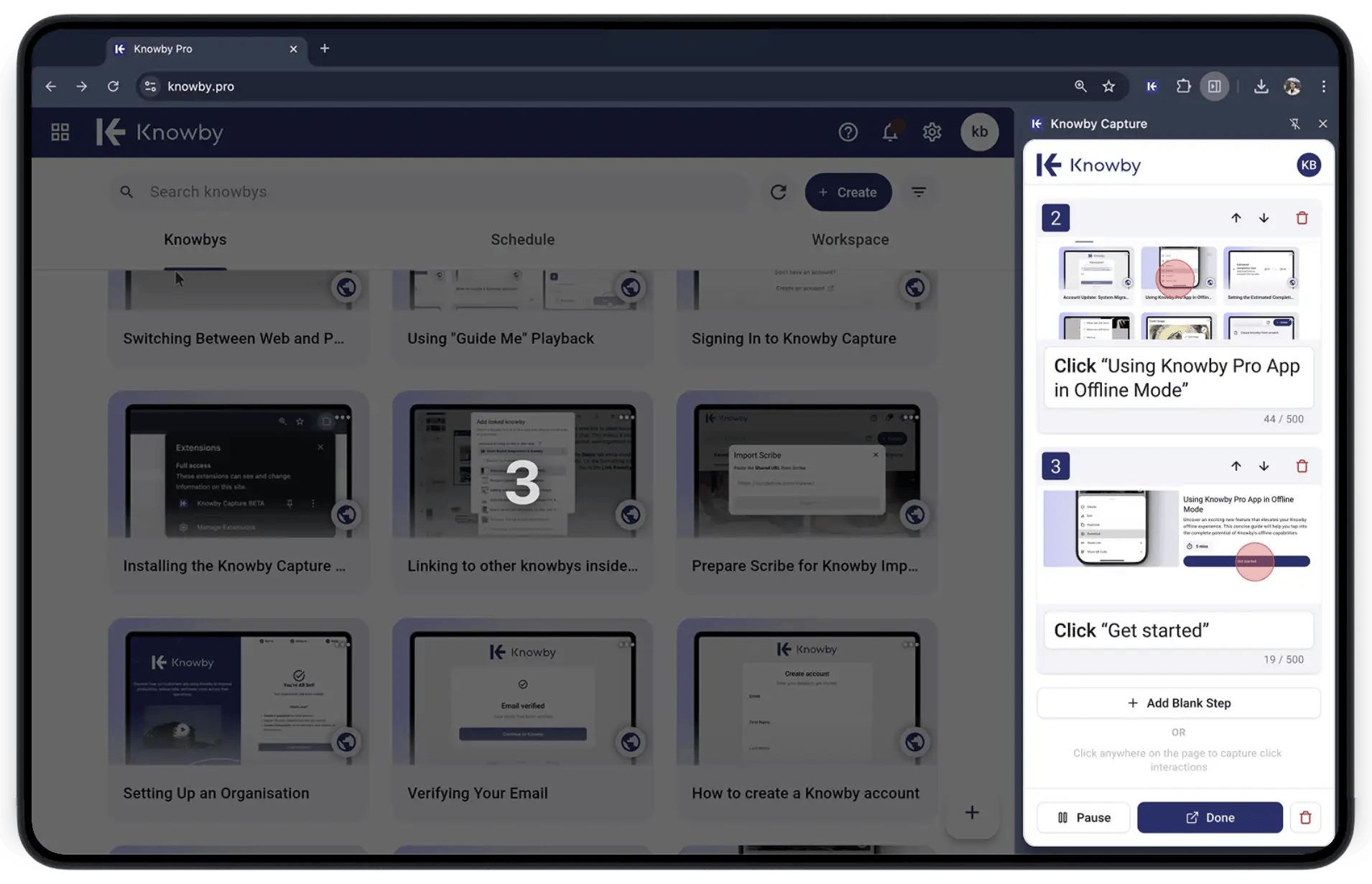 Screenshot of the Knowby Capture tool documenting a workflow. A sidebar lists automated steps like 