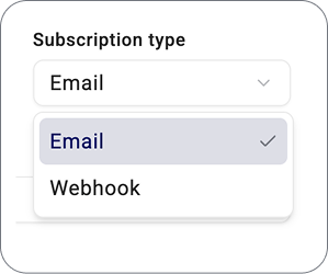 Dropdown menu interface showing 'Email' and 'Webhook' options, illustrating how Knowby connects with other enterprise software.
