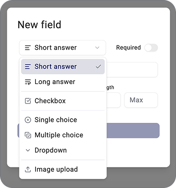 A floating menu in the Knowby editor showing data collection options like 'Short answer,' 'Checkbox,' and 'Image upload' for user feedback.