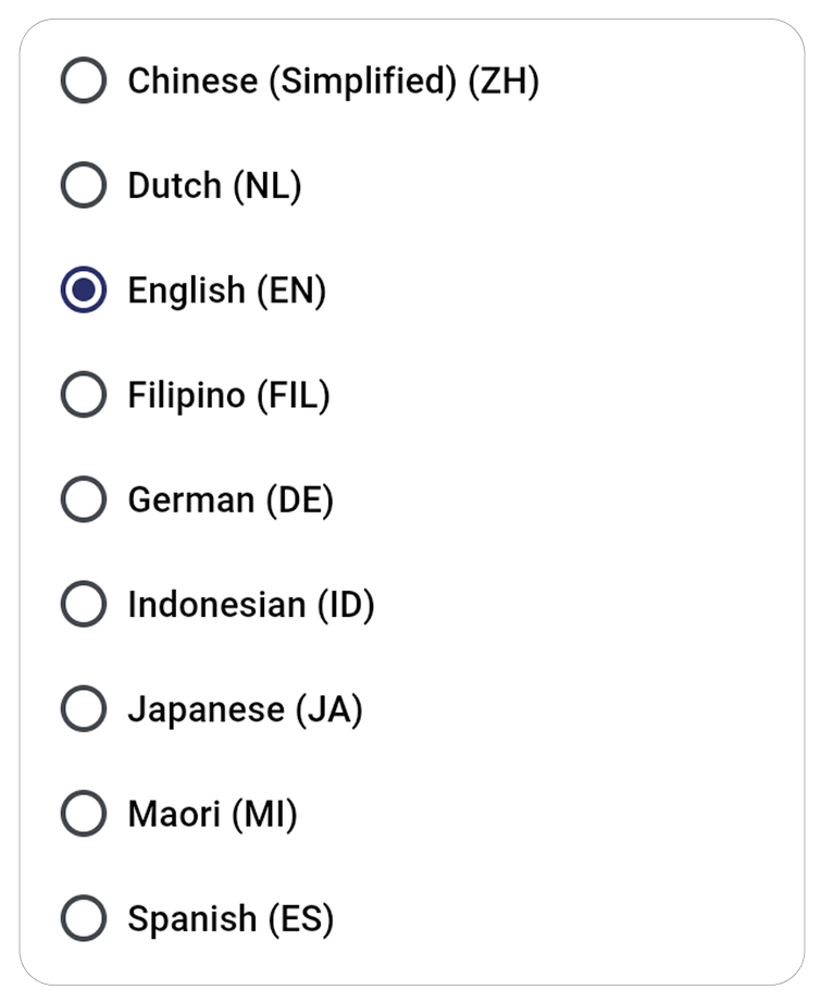 Language selection menu displaying multiple options including English, Spanish, and Japanese for global workforce support.