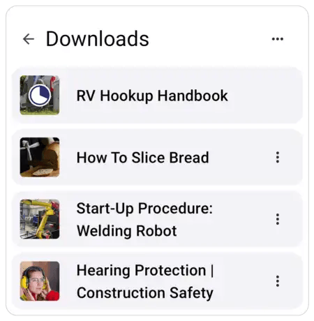 Mobile downloads list showing saved guides for offline use, including handbooks and startup procedures