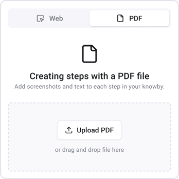 Illustration of the PDF upload interface, featuring a cloud upload icon and a 'Drag and Drop' zone for converting manuals into digital guides.