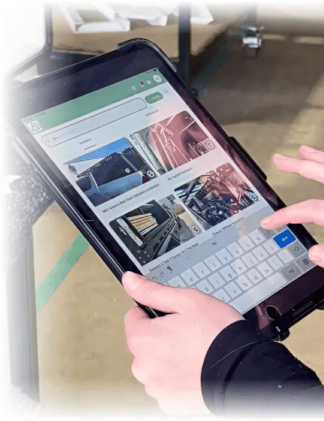 Knowby Schedule feature: A tablet interface showing task assignment and scheduling for team members with integrated data capture forms.