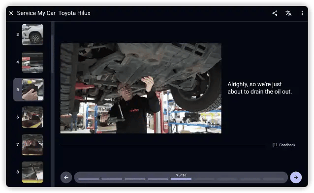 The Knowby guide interface shown in Dark Mode, featuring a video tutorial of a car underbody inspection
