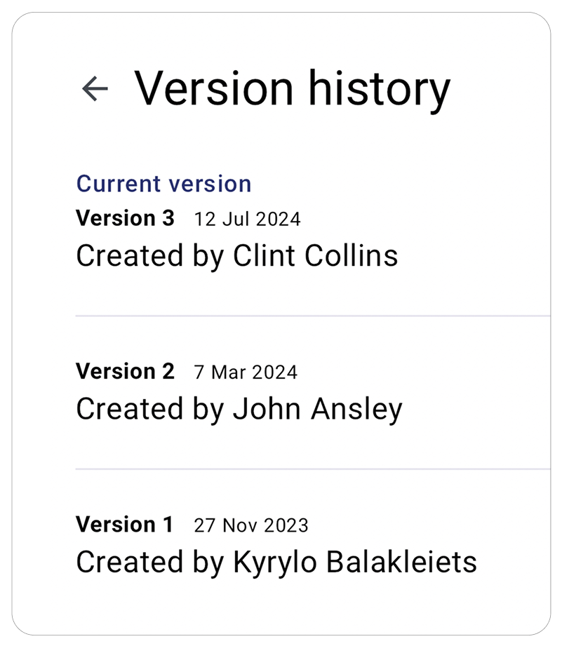 Timeline view of guide updates showing version history, dates, and the names of creators like John Ansley.