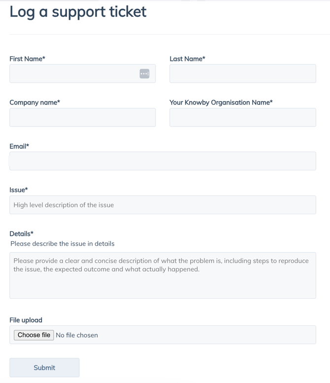 how a log in support ticket form looks