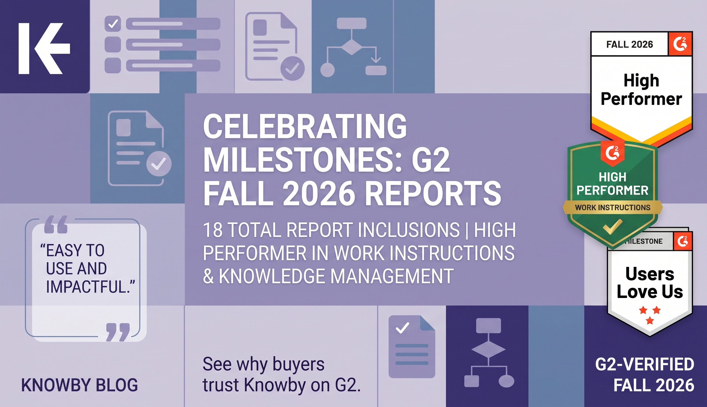 Knowby recognized as a High Performer in both the G2 Grid® Report for Work Instructions and the Grid® Report for Knowledge Management | Fall 2026.